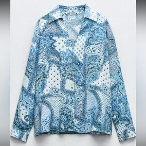 Zara Blue Linen Blend Patterned Shirt